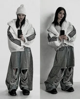 Hearujoy Y2k European and American street punk Harajuku couple casual oversized wide-leg pants vintage washed ripped jeans women pants